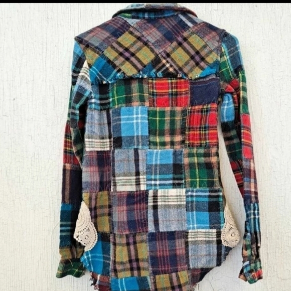 FREE PEOPLE "LOST IN PLAID" LACE CROCHET SIDED PATCHWORK PLAID FLANNEL TOP☆MED - Picture 9 of 12